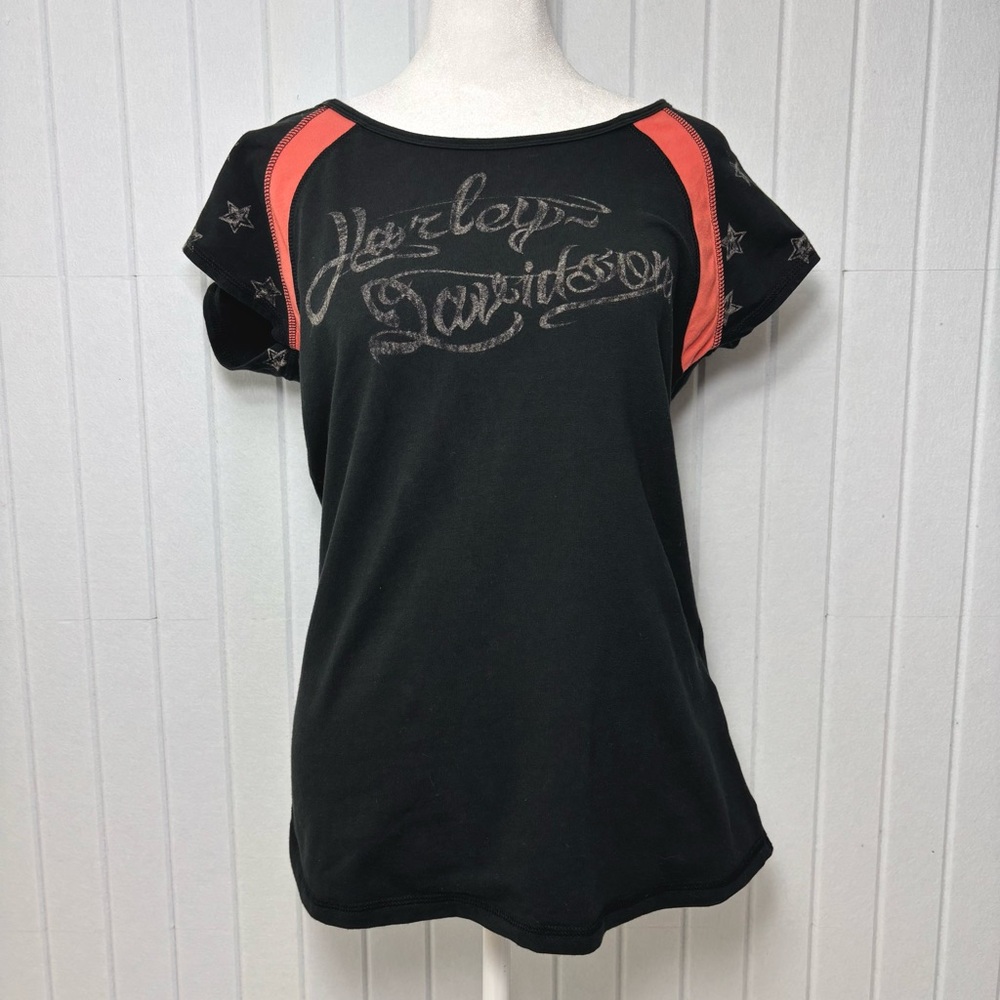 Harley Davidson Cross Back Graphic Cap Sleeve Tshirt Black Size L